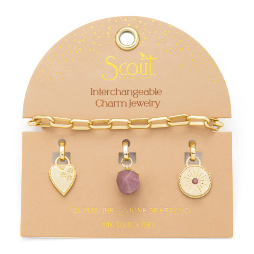 Embrace healing energy and style with Crabby Mermaid's Interchangeable Charm Bracelet in Tourmaline & Gold. Customize with mix-and-match charms for endless looks. Hypoallergenic, adjustable, and perfect for sensitive skin!