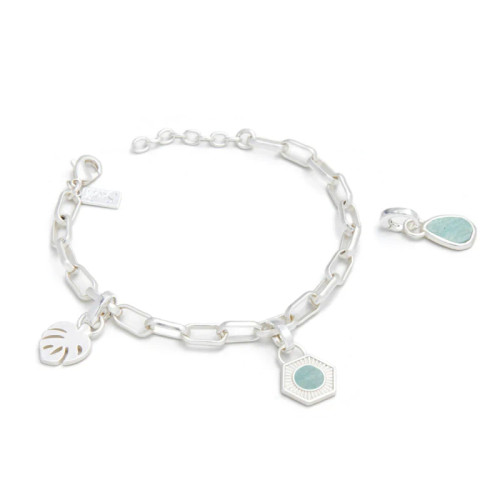 Interchangeable charm bracelet in sterling silver plated brass with amazonite charms on white background — adjustable 6.75 to 7.75 inches — Crabby Mermaid