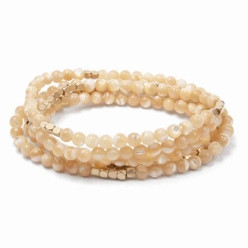 Stone Wrap Mother of Pearl Gold bracelet on white background showing full wrap style - Crabby Mermaid
