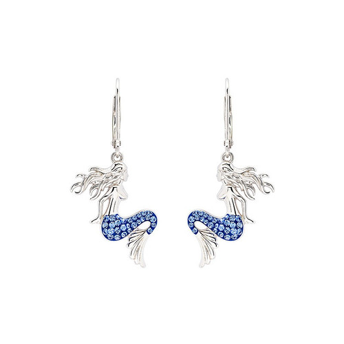 Sterling silver sapphire blue mermaid earrings with 60 crystal fins and plain silver tail — handcrafted in Ireland