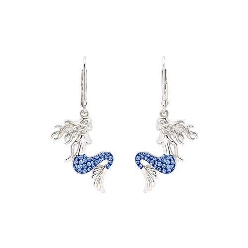 Sterling silver mermaid drop earrings with sapphire blue crystals on white background - lever-back closure - handcrafted in Ireland
