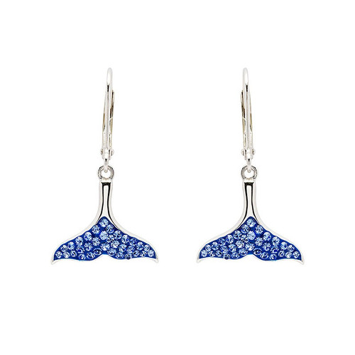 Sterling silver whale tail earrings with sapphire crystals — delicate stem design handcrafted in Ireland Dublin Assay Office