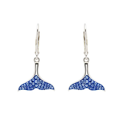 Sterling silver whale tail drop earrings with sapphire blue Swarovski crystals on white background - lever-back closure - handcrafted in Ireland