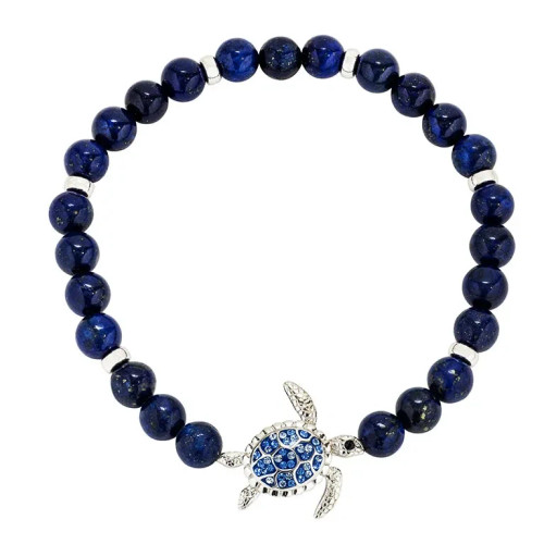 Sterling silver lapis sea turtle stretch bracelet with 25 lapis lazuli beads and crystal accents on white background - handcrafted in Ireland - Crabby Mermaid