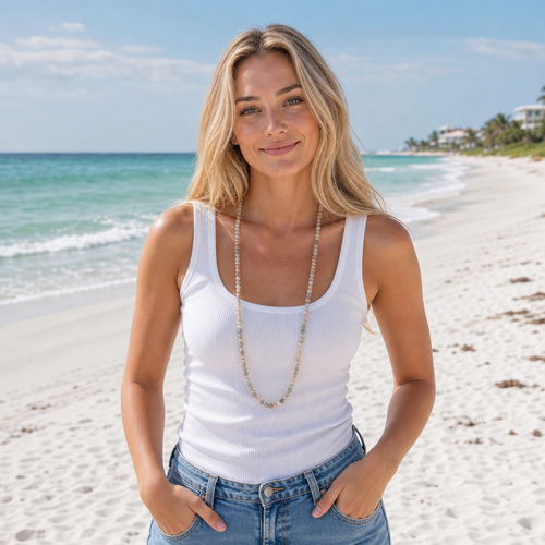 Stone Duo Wrap Rhodochrosite and Labradorite worn as a single strand necklace on a model at a Florida Gulf Coast beach - Crabby Mermaid