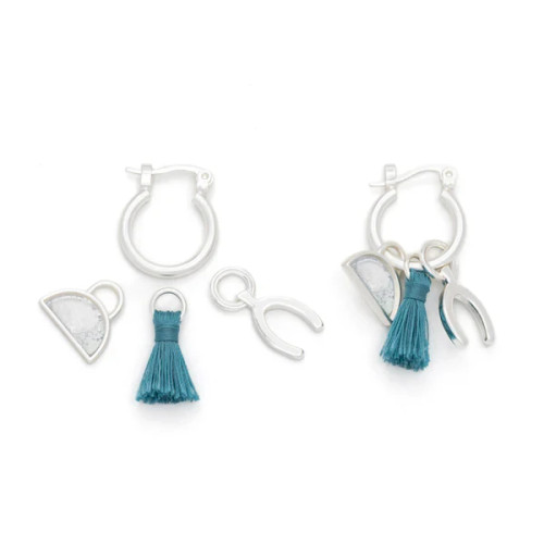 Interchangeable charm earring set in silver with opalite half-moon charm, teal tassel, and wishbone charm on white background — Crabby Mermaid