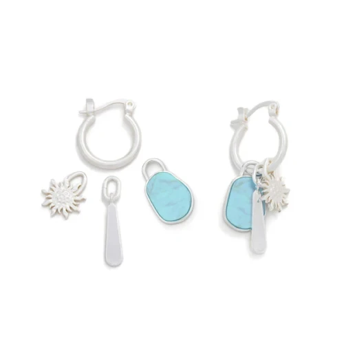 Interchangeable charm earring set in silver with turquoise stone drop, sunburst, and slim bar drop charms on white background — Crabby Mermaid