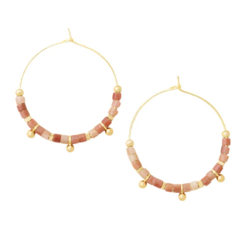 Rhodonite stone disc hoop earrings in gold with semi-precious rhodonite discs and gold bead accents on white background - Crabby Mermaid