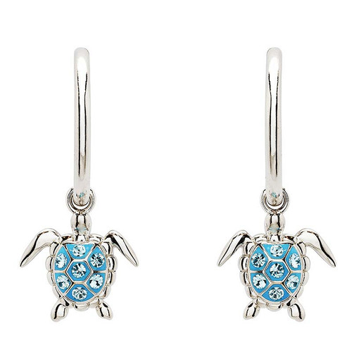 Sterling silver turtle earrings with turquoise and aquamarine crystals, ocean-inspired jewelry from Crabby Mermaid.