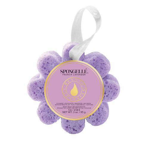 Spongellé French Lavender Wild Flower body wash infused buffer on white background showing label and flower shape - Crabby Mermaid