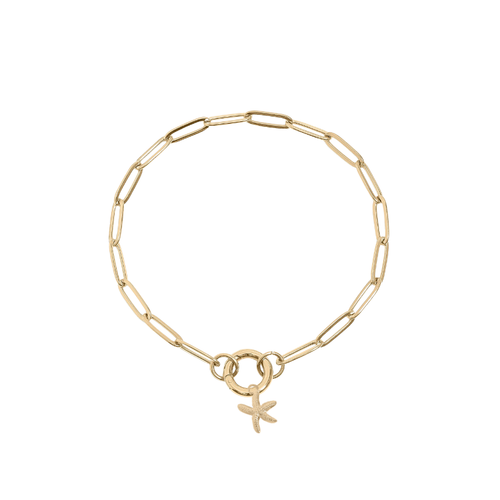 Gold paperclip charm keeper bracelet with removable starfish charm in 18K gold PVD stainless steel, waterproof coastal jewelry