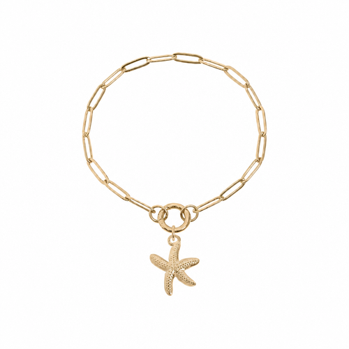 18K gold PVD paperclip charm keeper bracelet with gold starfish charm on white background - Crabby Mermaid