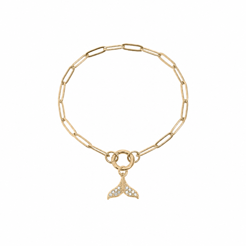 18K gold PVD paperclip charm keeper bracelet with CZ mermaid tail charm on white background - Crabby Mermaid