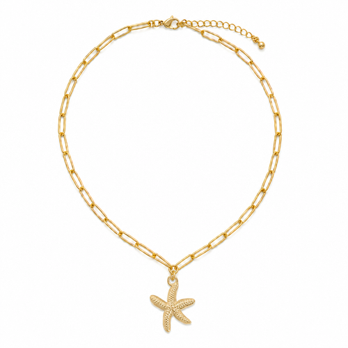 Gold paperclip chain necklace with solid textured gold starfish charm on white background - Crabby Mermaid