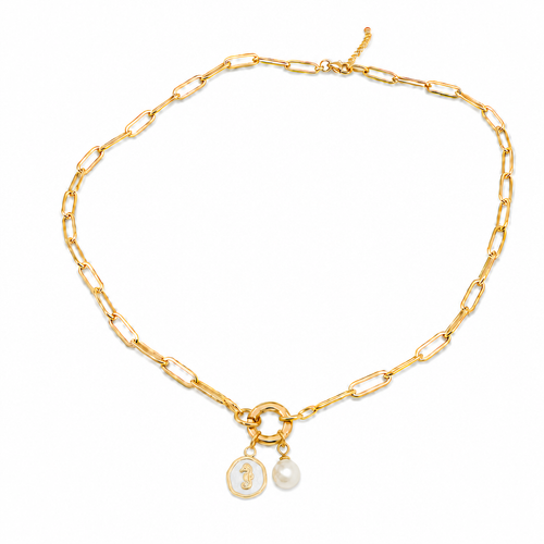 Gold 18K PVD paperclip charm holder necklace with pearl charm and white epoxy seahorse medallion on white background - Crabby Mermaid