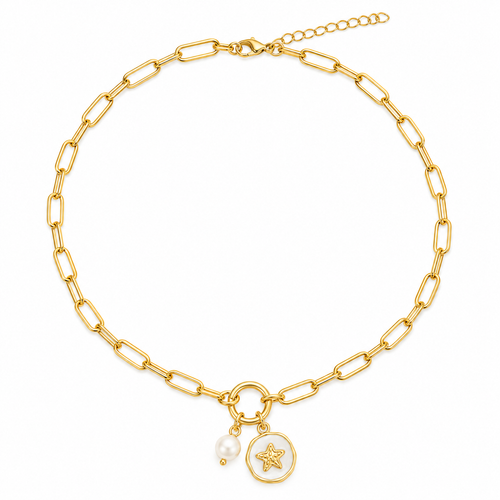 Gold paperclip charm holder necklace with white epoxy starfish charm and pearl on a white background.