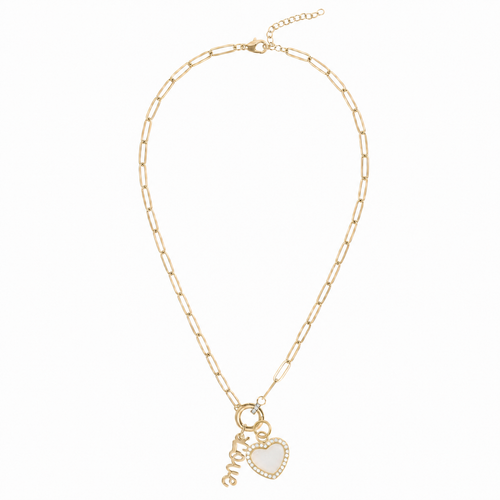 18K gold paperclip charm holder necklace with mother of pearl heart charm and Love charm on white background - Crabby Mermaid