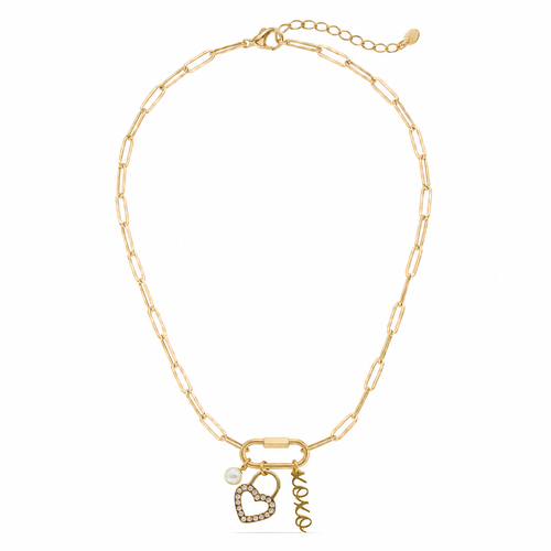 18K gold paperclip charm holder necklace with pearl, heart lock and XOXO charms on white background - Crabby Mermaid