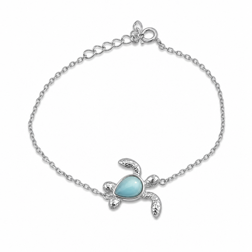 Natural Larimar sea turtle bracelet in sterling silver on white background - Crabby Mermaid