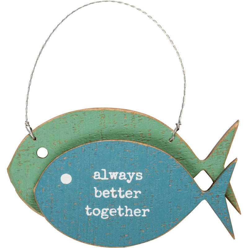 Only Fish In The Sea For Me Ornament Set of 2
A set of two rustic wooden ornaments featuring a two-layer fish shape design and "You're The Only Fish In The Sea For Me" and "Always Better Together" sentiments. Ornaments easily hang by twisted wire loops.
Perfect for your coastal-themed Christmas tree, wine tag, gift bags, or any other coastal decor. 
Dimensions:4" x 2.50" x 0.50"
Material: Wood, WireProduct Text: YOU'RE THE ONLY FISH IN THE SEA FOR ME; ALWAYS BETTER TOGETHER