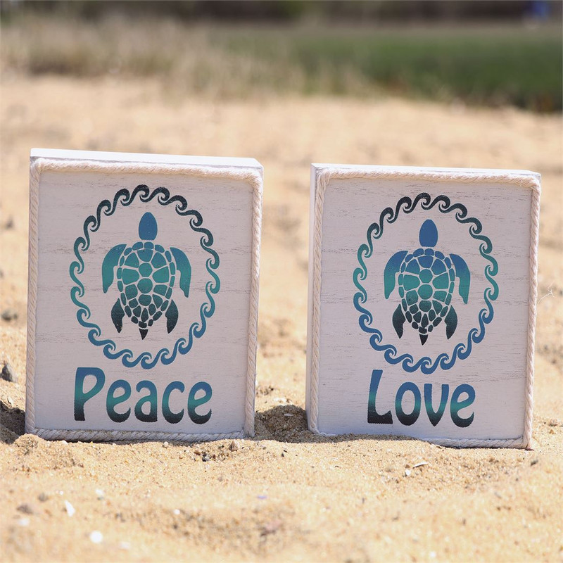 Ombre Sea Turtle Peace Block Sign

Add a touch of whimsy to your home decor with this adorable turtle box sign! Wood box sign features ombre turtle design with peace and love sentiments and rope trim border. 1 of each style.

DETAILS

Material: Wood
Size: 5"sq