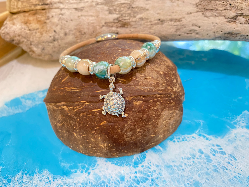 Sterling silver sea turtle cork bracelet with ceramic beads — 7 inch handcrafted Florida artisan jewelry — Crabby Mermaid