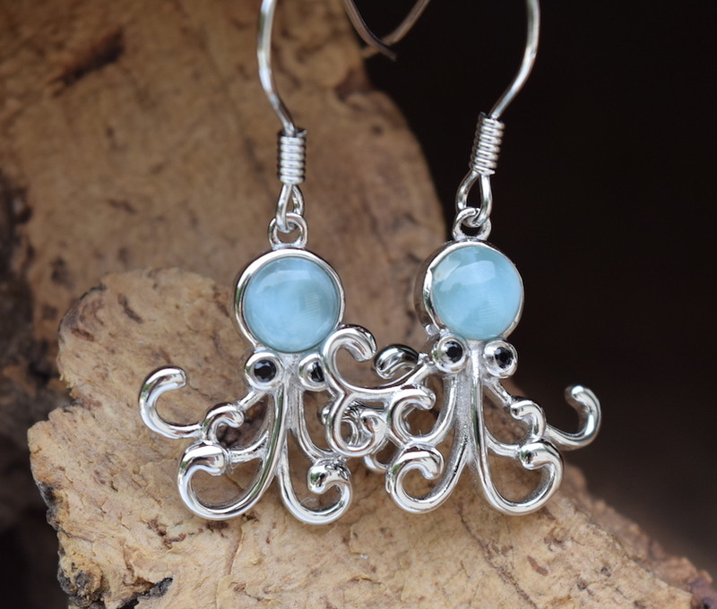 Larimar octopus drop earrings in sterling silver on white background — handcrafted by local Florida artisan jeweler — Crabby Mermaid