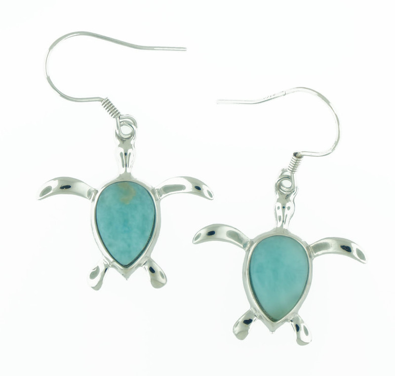 Larimar sea turtle dangle earrings in sterling silver on white background — genuine Dominican Republic Larimar — Crabby Mermaid