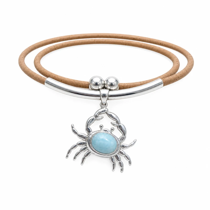 Larimar crab pendant necklace on cork cord with sterling silver accents on white background — genuine Dominican Republic Larimar — Crabby Mermaid