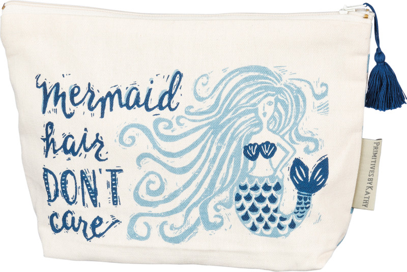 Mermaid Hair Don't Care zipper pouch — mermaid graphic front with navy tassel zipper — Crabby Mermaid