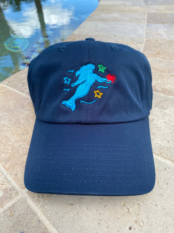 Navy Crabby Mermaid original hat with embroidered logo — low profile unconstructed design — VELCRO tab closure — Crabby Mermaid