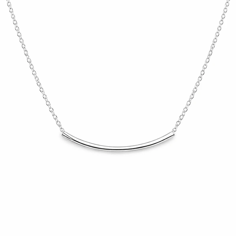 Sterling silver curved bar necklace on white background — polished .925 sterling silver rondelle bar pendant on 18 inch chain — Crabby Mermaid