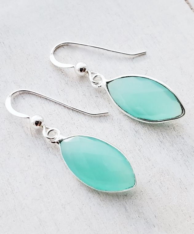 Aqua chalcedony marquis earrings in sterling silver — angled view showing faceted gemstone and bezel setting