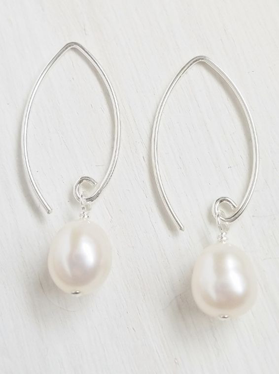 Pearl marquise earrings in sterling silver with freshwater pearl — handmade in California — Crabby Mermaid