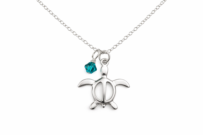 Sterling silver Honu sea turtle necklace with teal European crystal on 18 inch chain — handmade in California — Crabby Mermaid