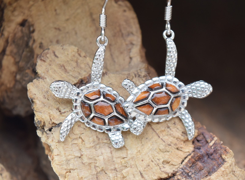 Sterling silver and Koa wood sea turtle earrings — handcrafted by local Florida artisan jeweler — Crabby Mermaid