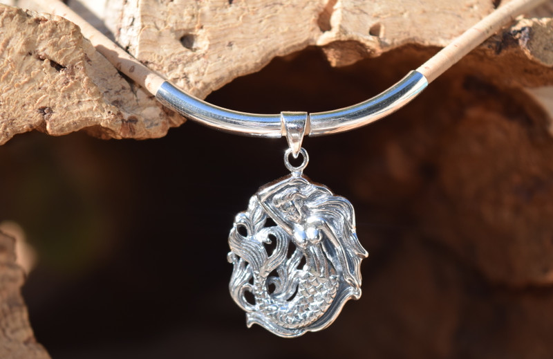 Full front view of sterling silver mermaid medallion pendant on natural cork cord with silver tube accent — Crabby Mermaid