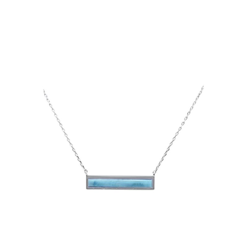 Larimar bar necklace in sterling silver on white background — genuine Dominican Republic Larimar — hand assembled by Crabby Mermaid