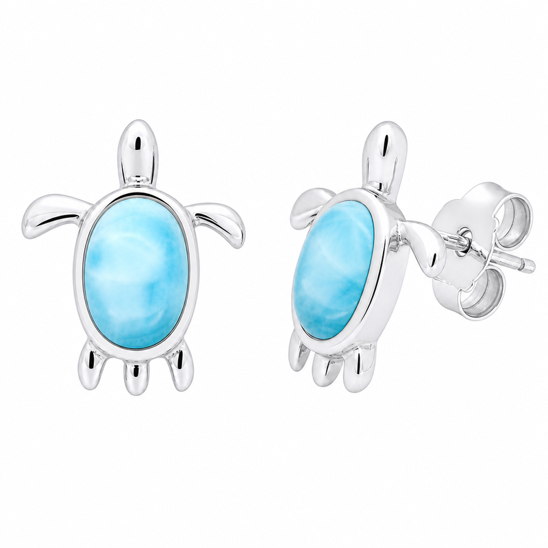 Larimar turtle stud earrings on white background — genuine Dominican Republic Larimar — .925 sterling silver