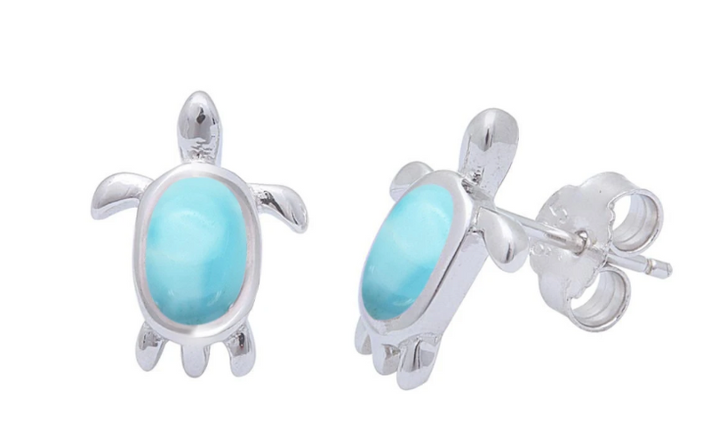 Larimar turtle stud earrings on white background — genuine Dominican Republic Larimar — .925 sterling silver post back closure