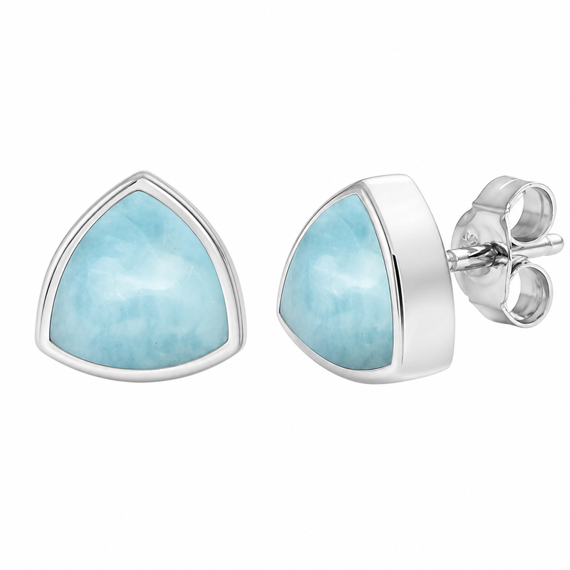 Larimar trillion stud earrings in sterling silver on white background