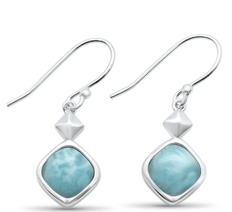 Larimar square drop earrings in sterling silver on white background — genuine Dominican Republic Larimar with faceted silver accent bead