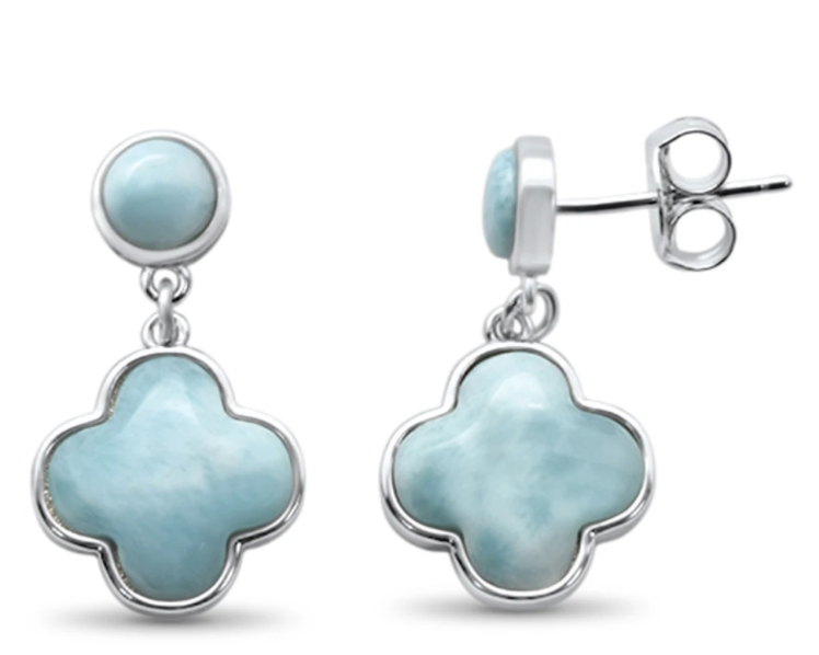 Larimar clover flower drop earrings in sterling silver on white background — genuine Dominican Republic Larimar double stone design — Crabby Mermaid