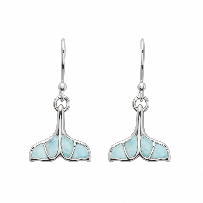 Larimar whale tail drop earrings in sterling silver on white background