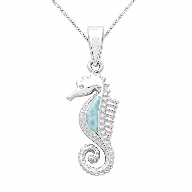 Larimar seahorse pendant necklace in sterling silver on white background