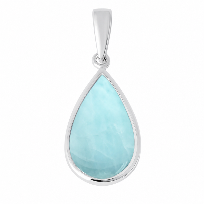 Larimar teardrop pendant necklace in .925 sterling silver on white background — genuine Dominican Republic Larimar — Crabby Mermaid