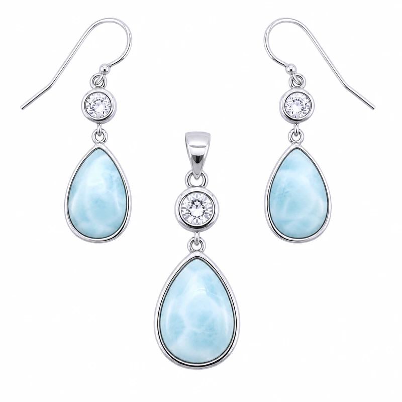 Larimar and cubic zirconia teardrop necklace and earring set in .925 sterling silver on white background — genuine Dominican Republic Larimar — Crabby Mermaid