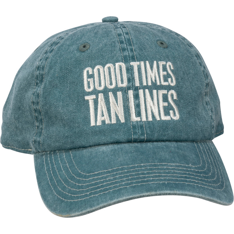 Good Times Tan Lines Baseball Cap

A cotton baseball cap with an adjustable brass closure on the back. Features box sign style "Good Times Tan Lines" sentiment embroidered in cream onto a weathered light blue base.