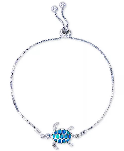 Blue opal sea turtle bolo bracelet in .925 sterling silver with adjustable toggle closure — Crabby Mermaid