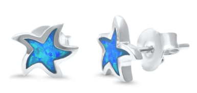 Blue opal starfish stud earrings in .925 sterling silver on white background — Crabby Mermaid
